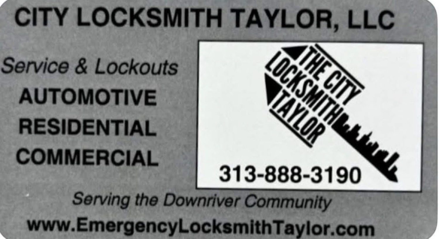 City Locksmith Taylor business card with phone number and services
