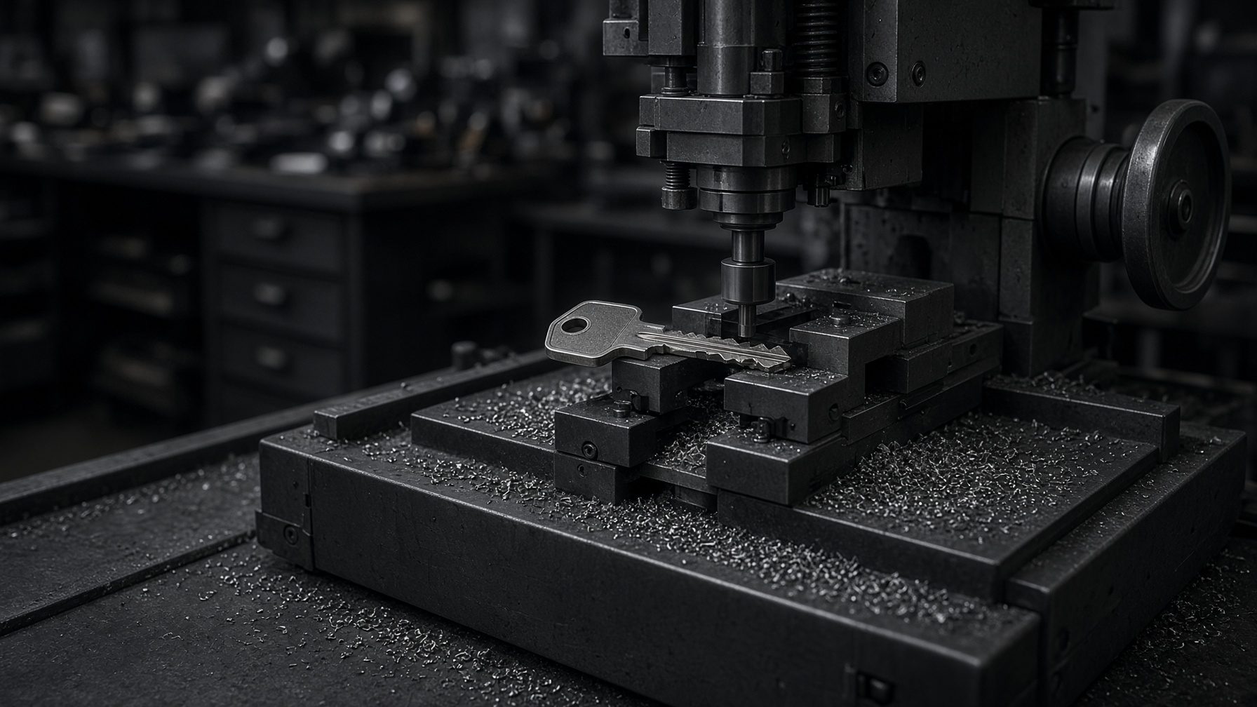 Key cutting on a locksmith bench
